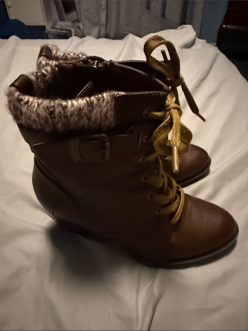 Bass Brown Faux-Fur Lace-Up Wedge Ankle Boots